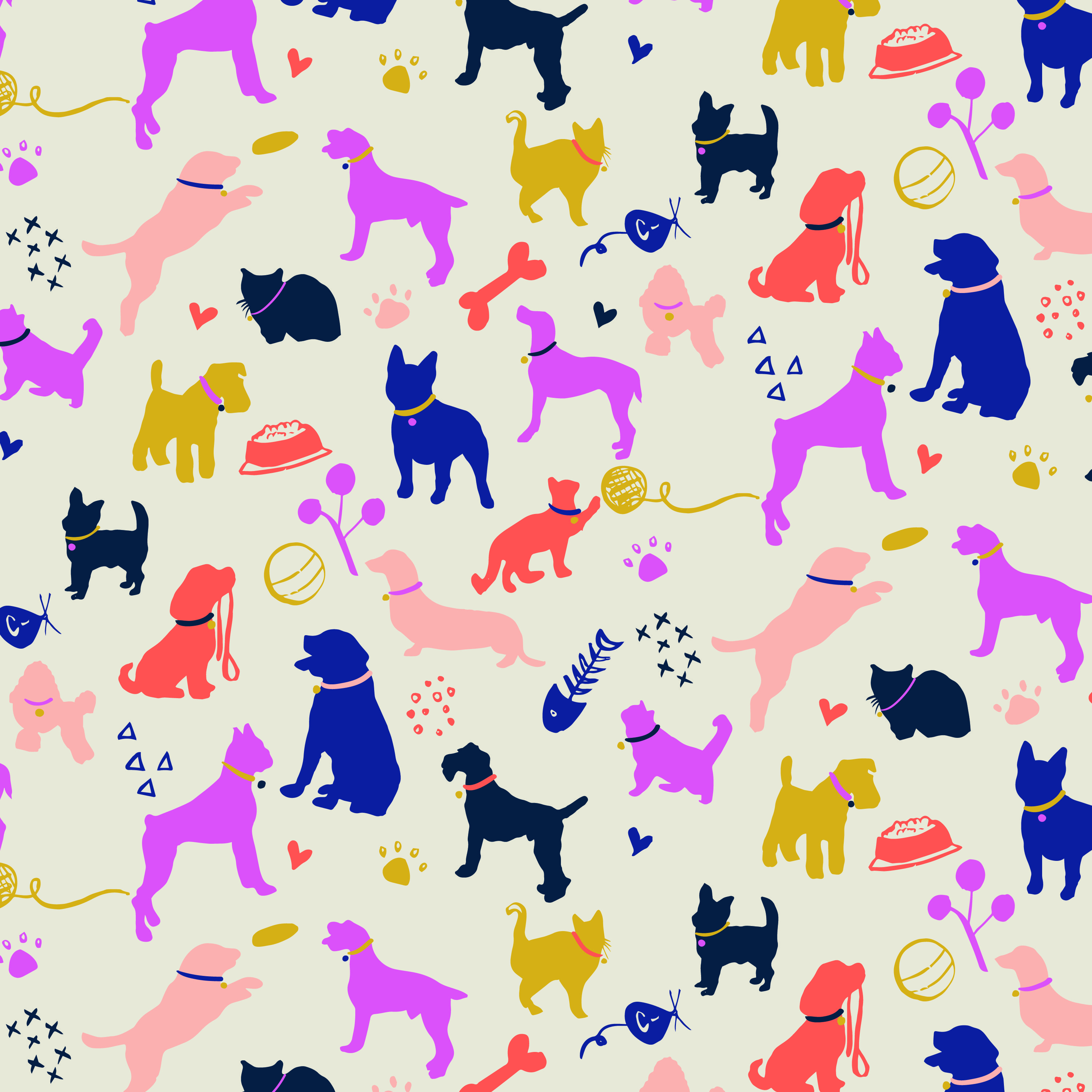 Dogs And Cats Silhouettes Colorful Pattern Design Friends Cat