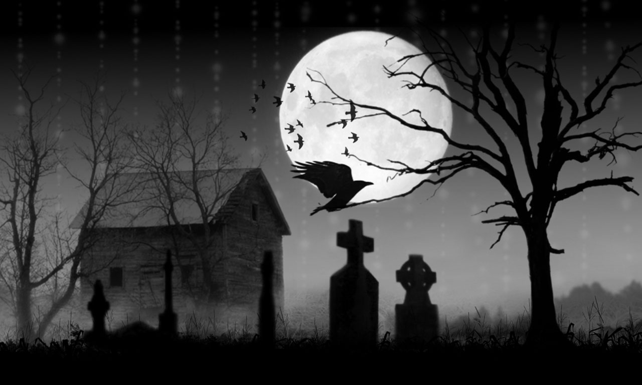 House Graveyard And Crow In Dark With Resolutions