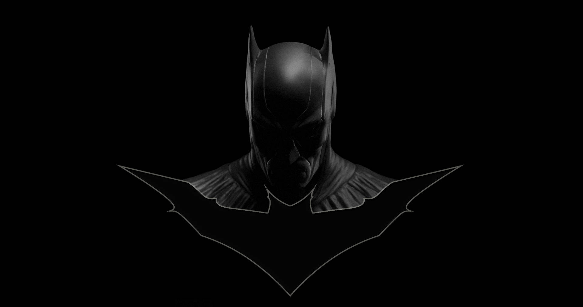 Dark 4k HD wallpaper featuring a dramatic close-up of Batman's head and cowl against a black background, with his iconic bat symbol subtly highlighted