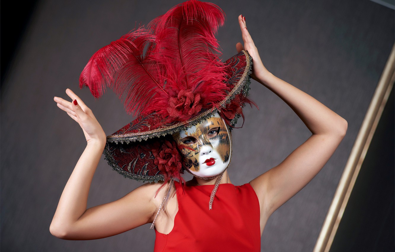 Wallpaper Girl Woman Model Hat Feathers Hands Dress Mask