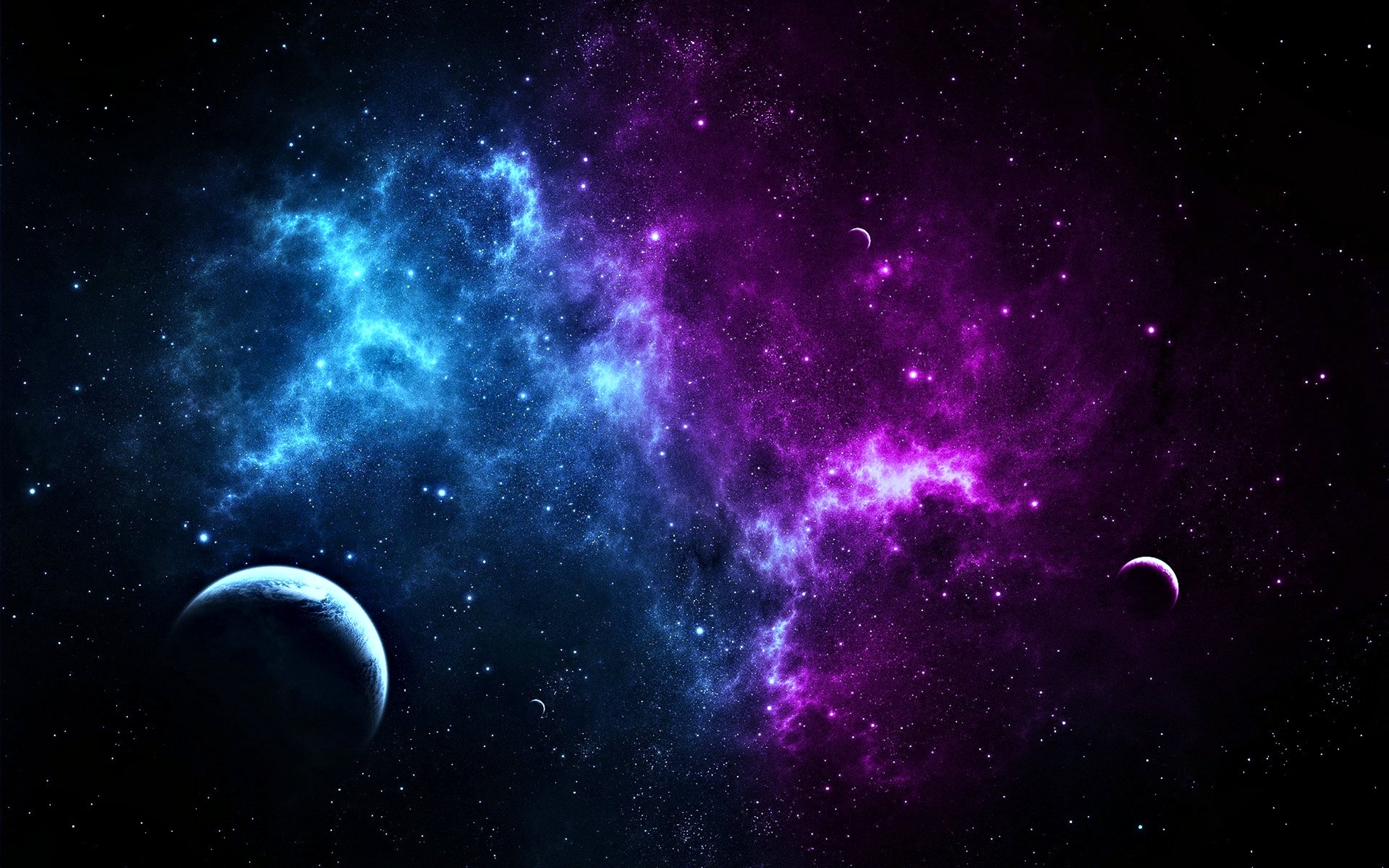 A breathtaking vista of a vibrant galaxy, featuring swirling nebulas of purple and blue, speckled with countless stars and partially illuminated planets. Perfect for a desktop wallpaper