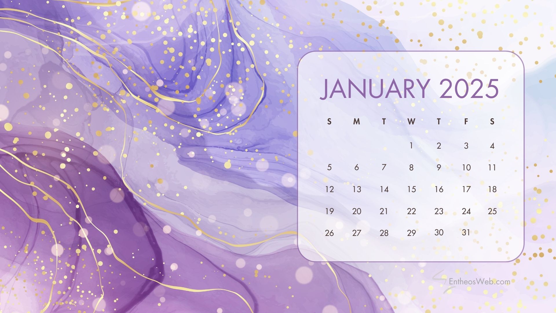 January 2025 calendar with a purple and gold abstract background