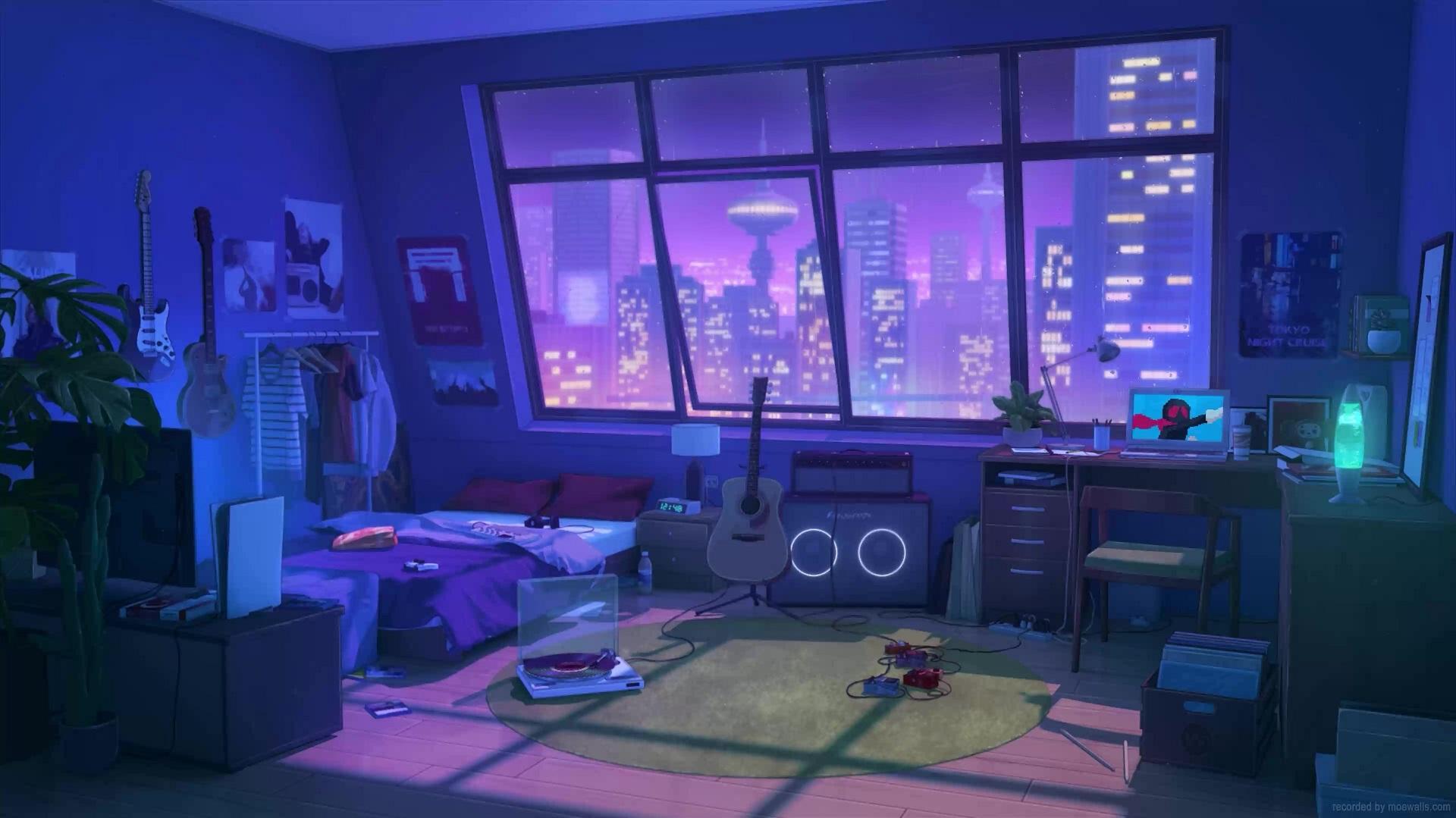 Vtuber Background Animated Cosy Lofi Bedroom Purple Looped 