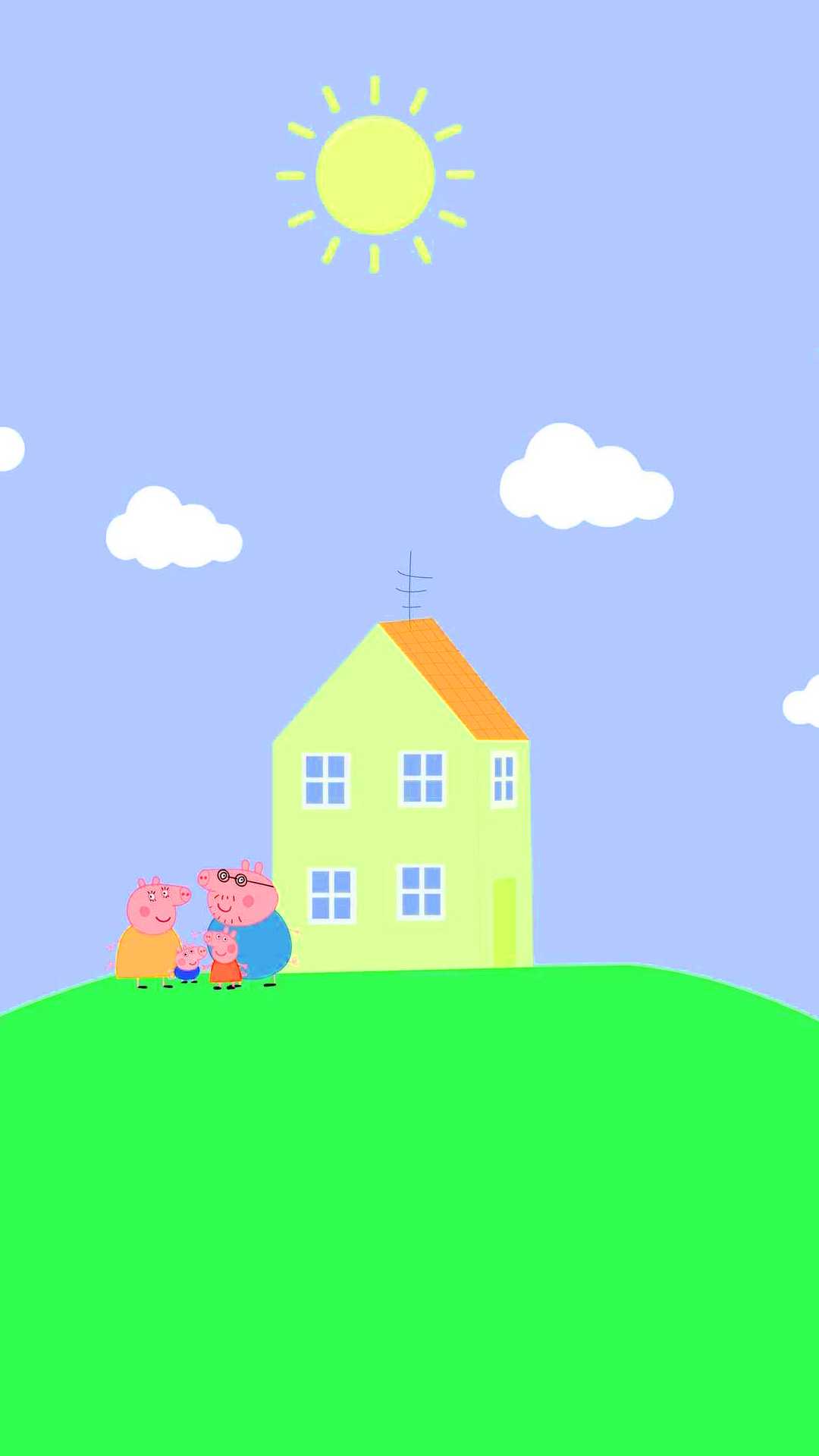 Peppa Pig family standing in front of their house on a sunny day