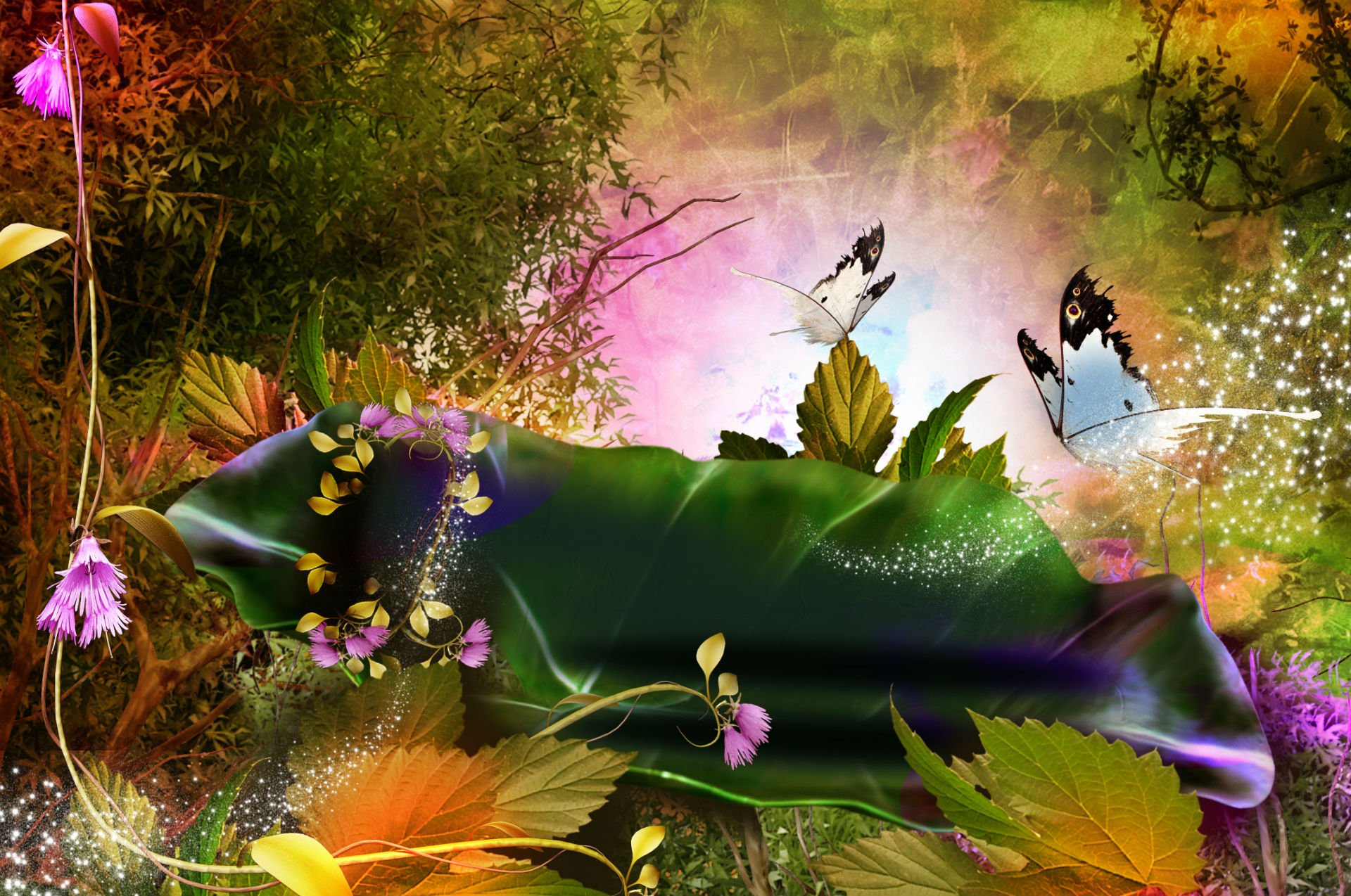 3d nature phantasmagoria butterfly leaves forest magic flowers