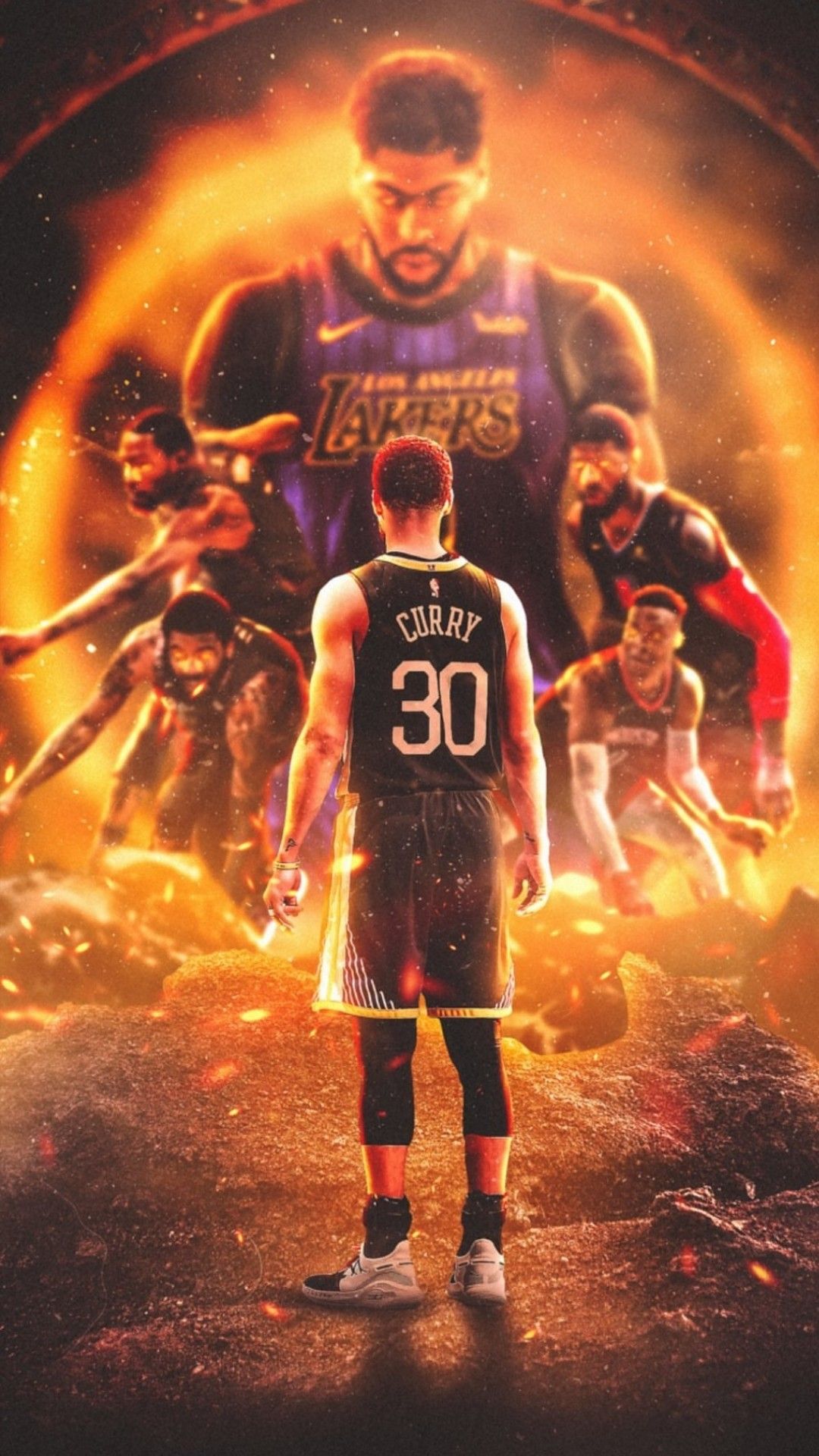 Stephen Curry facing a large image of Lebron James with fire and other basketball players in the background