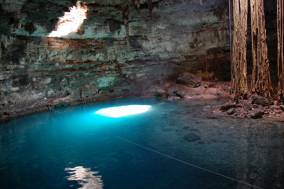 HD Wallpaper People Standing Inside Cavern With Water Cenote