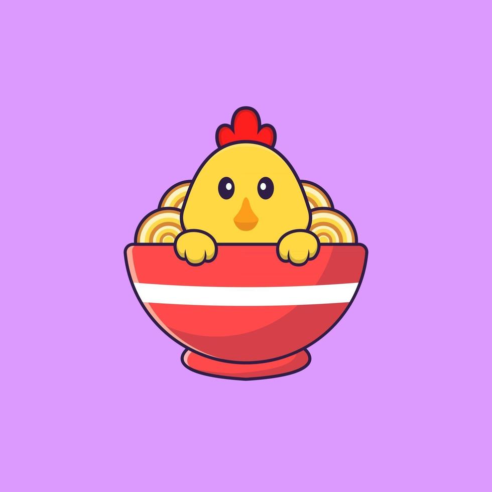 Cute Chicken Eating Ramen Noodles Animal Cartoon Concept Isolated