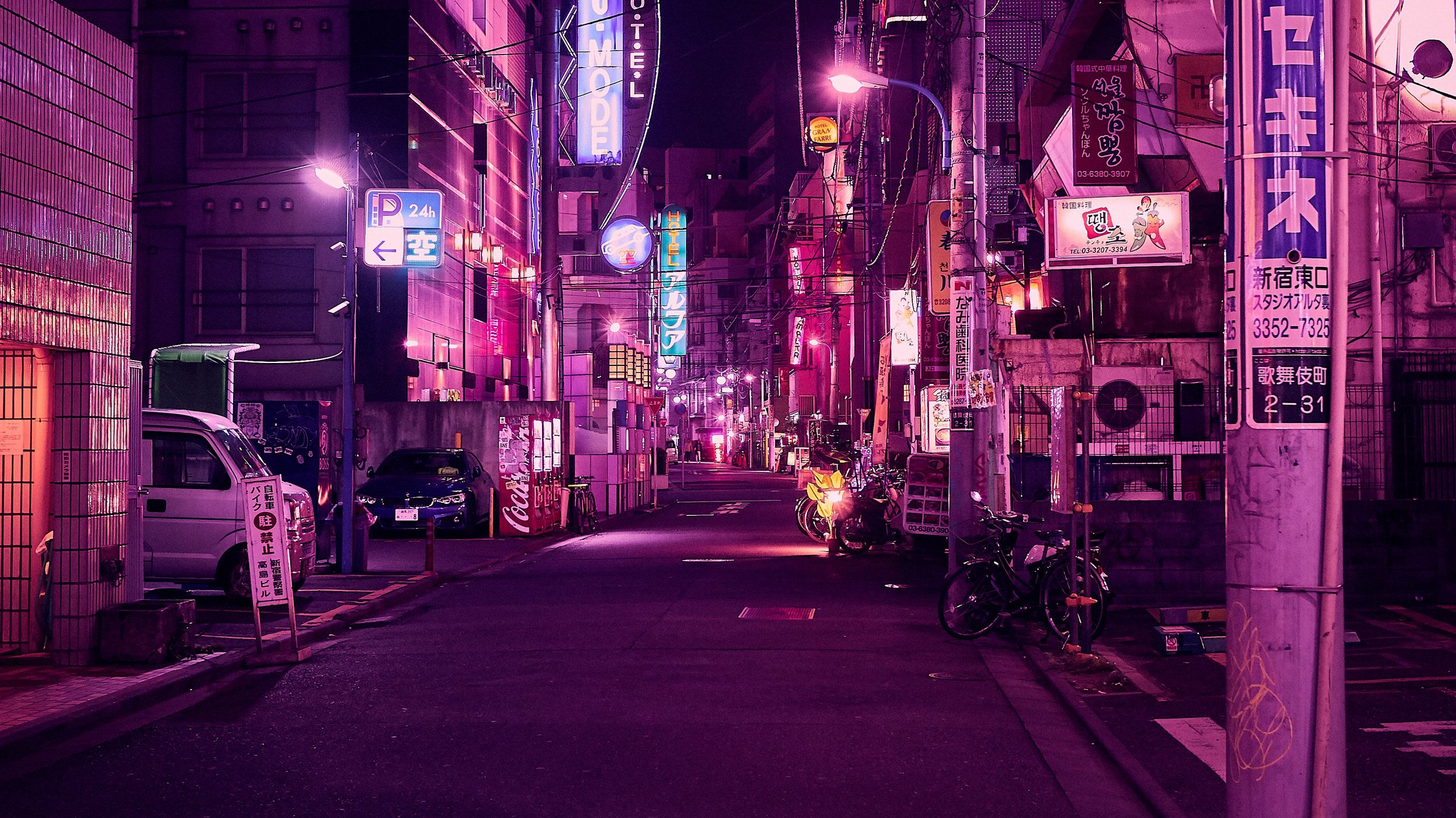 Wallpaper Street Neon Night City Backlight Purple Tokyo Widescreen