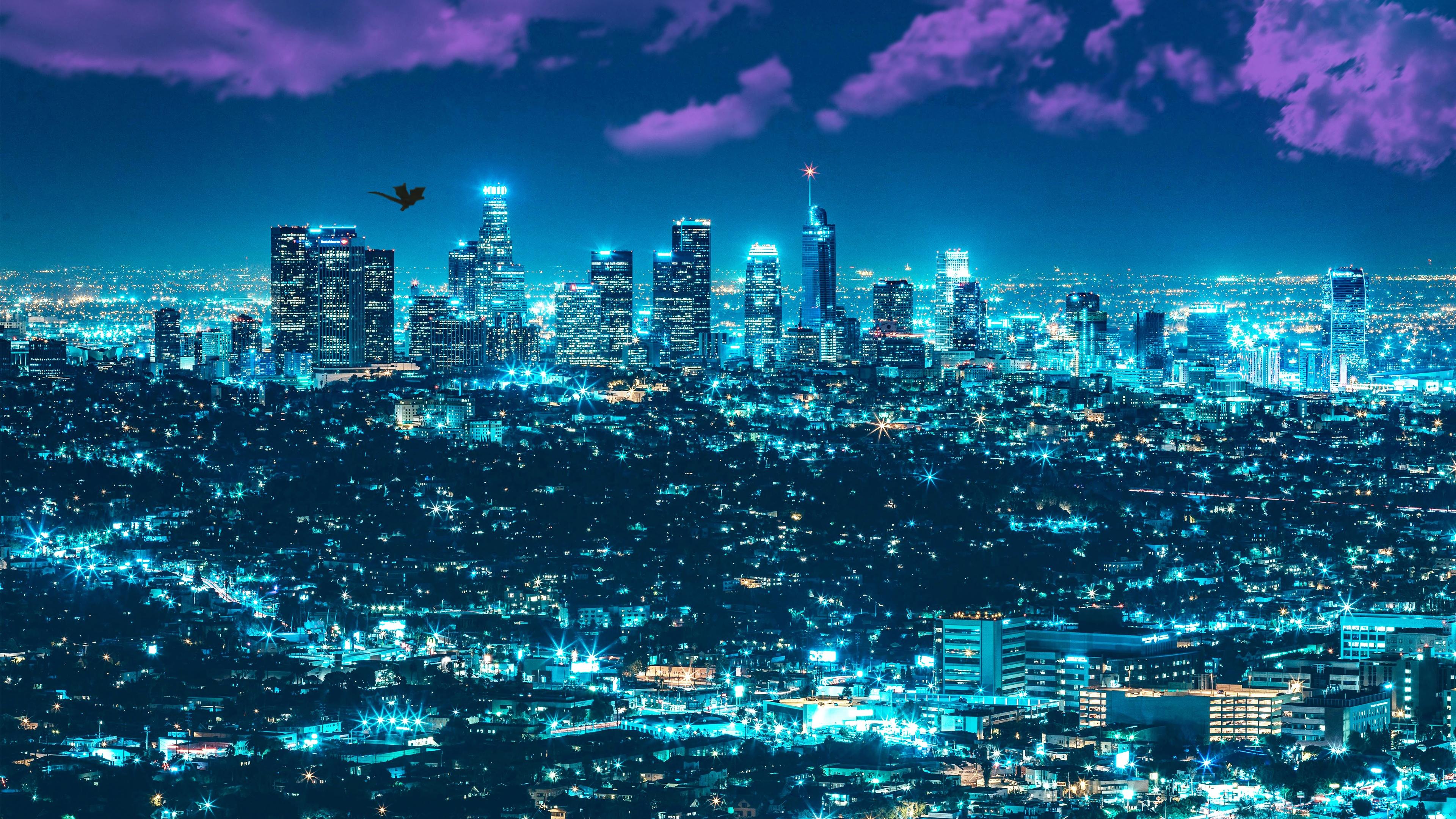 Los Angeles Cityscape Night City Buildings Digital Art 4k