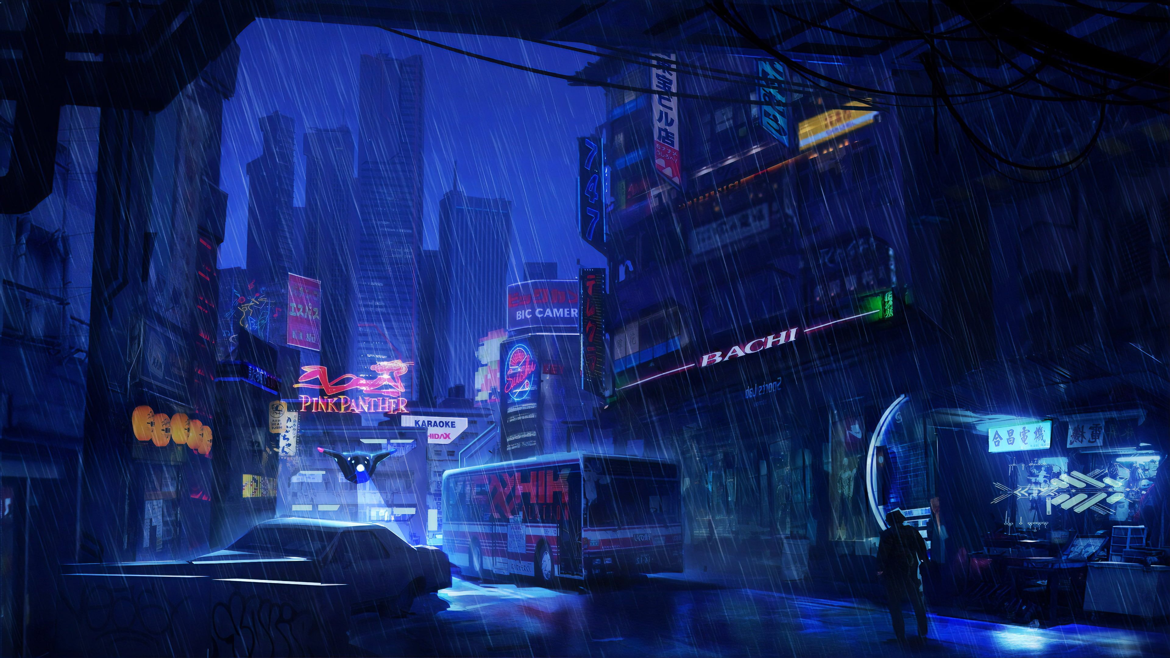 Sci Fi City Cyberpunk Night Rain Skyscraper 4K wallpaper
