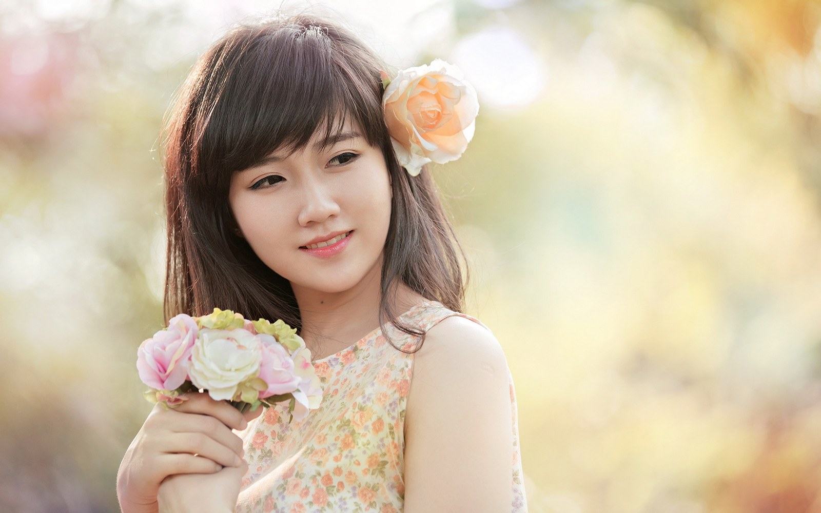 Korean Beautiful Girls With Flowers Wallpaper Hd