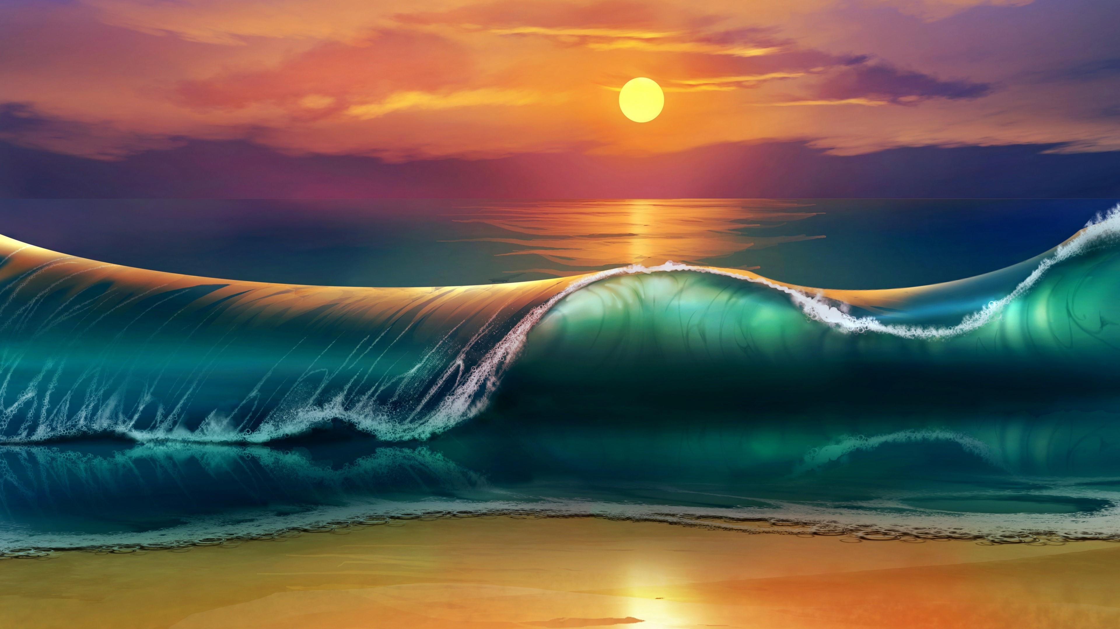 Sunset Sea Waves Beach 4k Ultra HD Wallpaper For Desktop Mobile