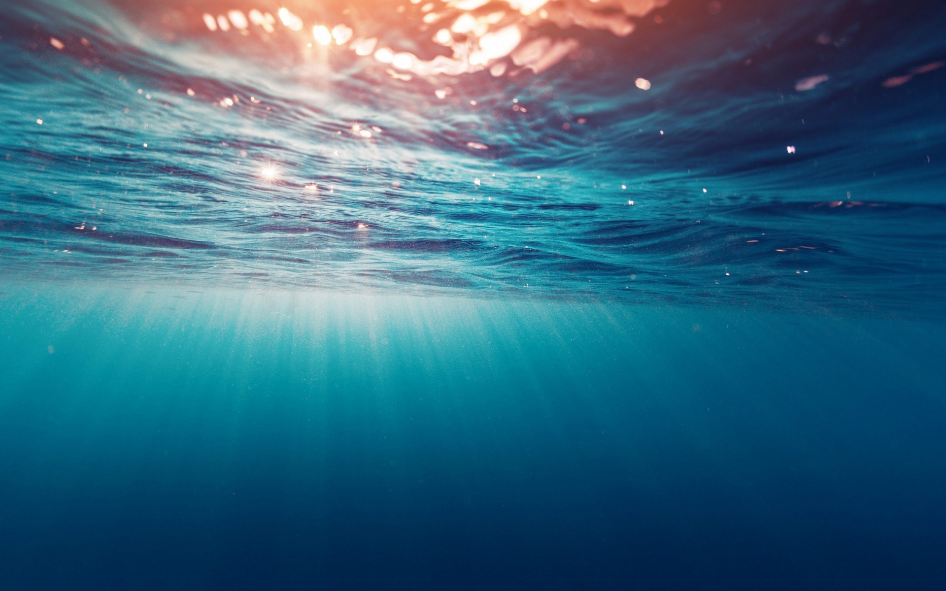 Sunlight filters through the surface of a clear blue ocean, creating a beautiful underwater scene