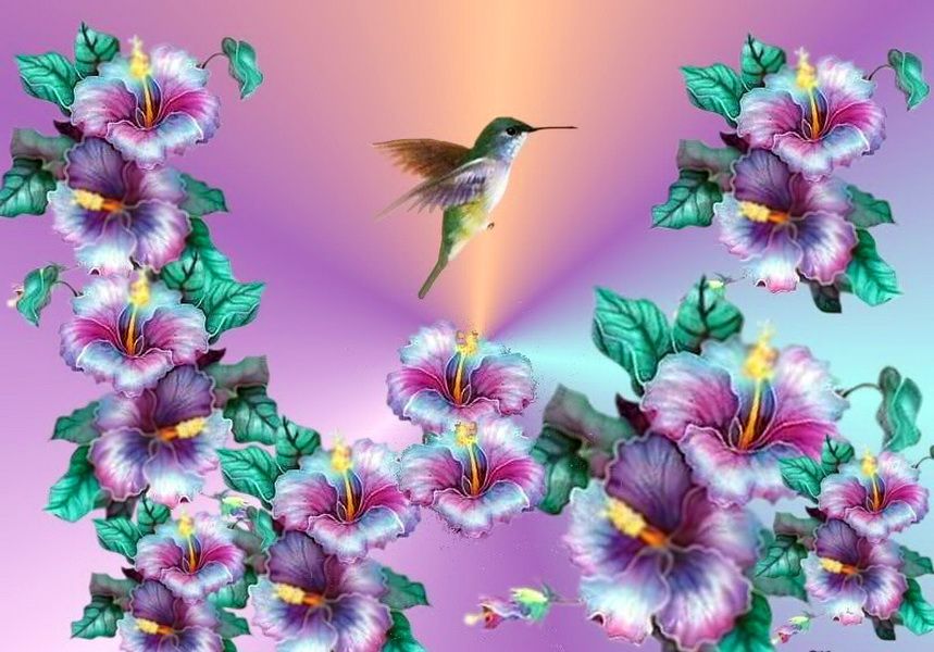 Spring Ballet Aqua Flowers Green Humming Bird Light Purple Vine