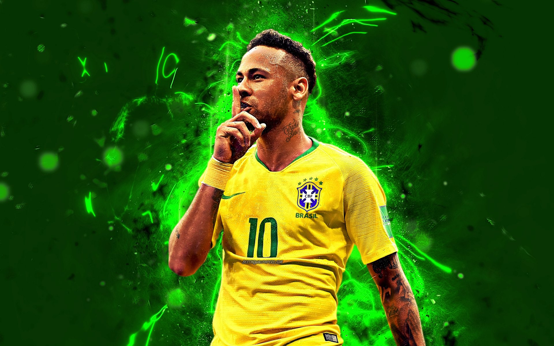 Neymar Jr. 4k Wallpaper: A vibrant portrait of the Brazilian football star in his iconic yellow jersey