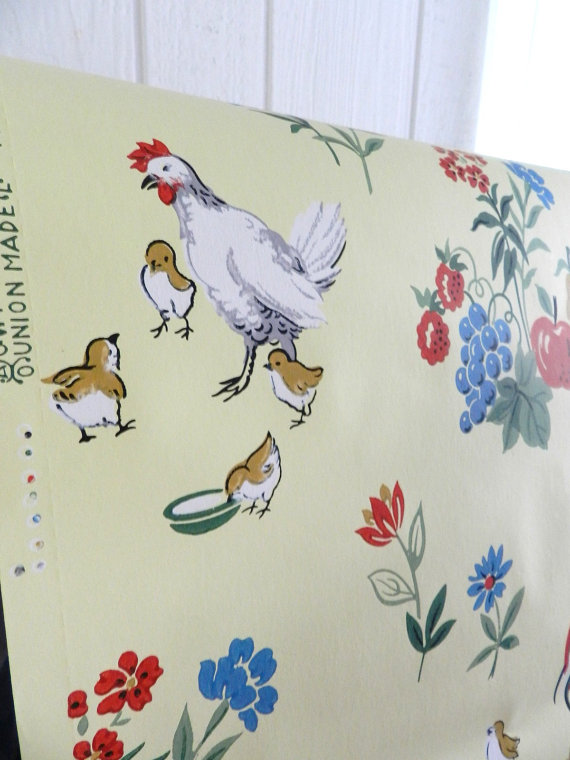 Vintage Wallpaper Roosters Hens Chicks Flowers Fruit Cream Farmhouse