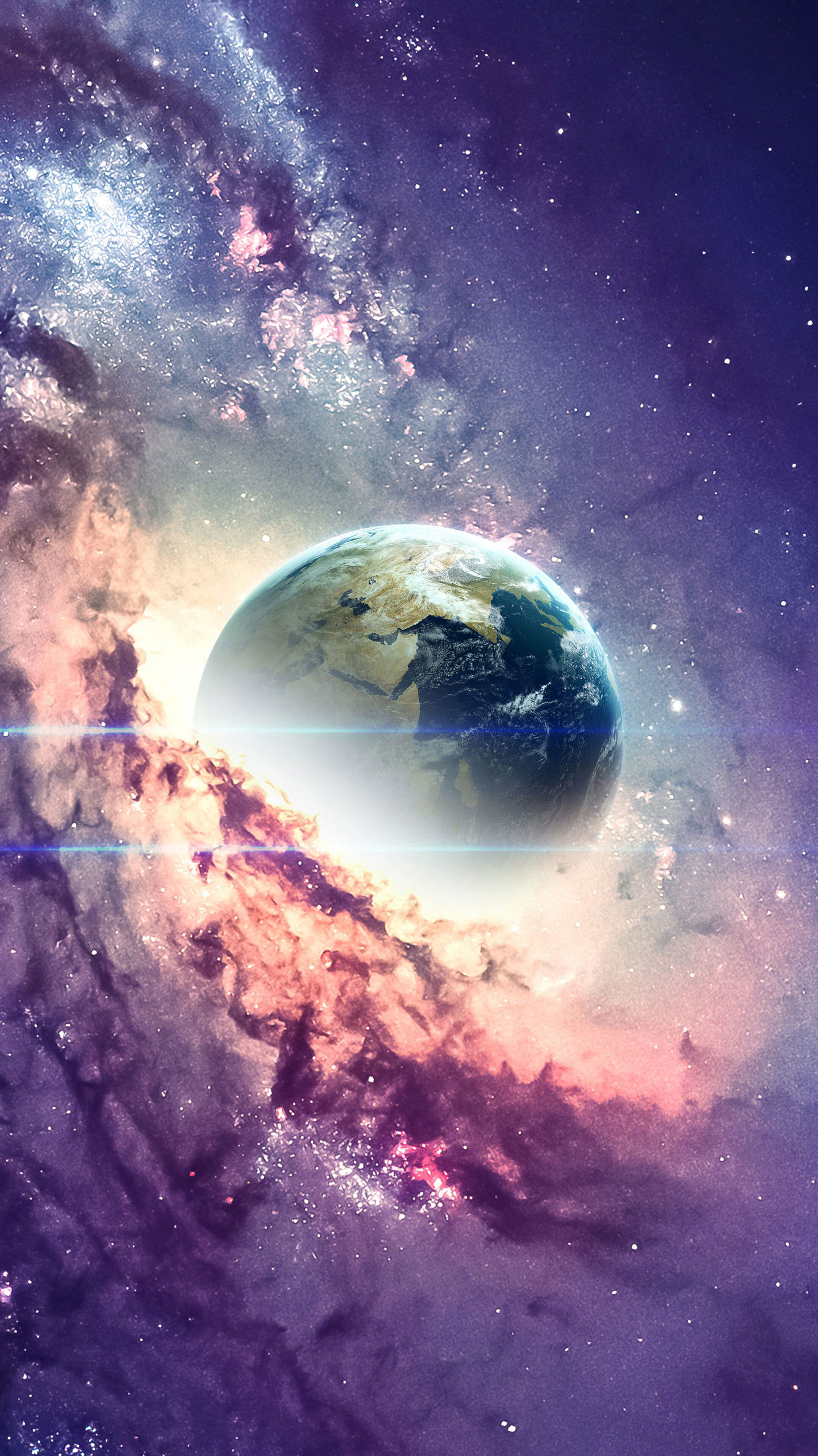 A breathtaking view of Earth from space, set against a backdrop of vibrant nebulae and distant stars. Perfect for an iPhone wallpaper