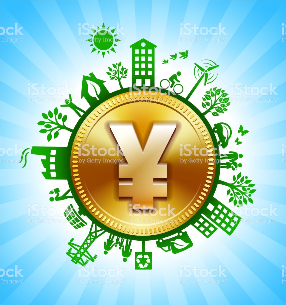 Gold Yen Sign On Environmental Conservation Background Stock