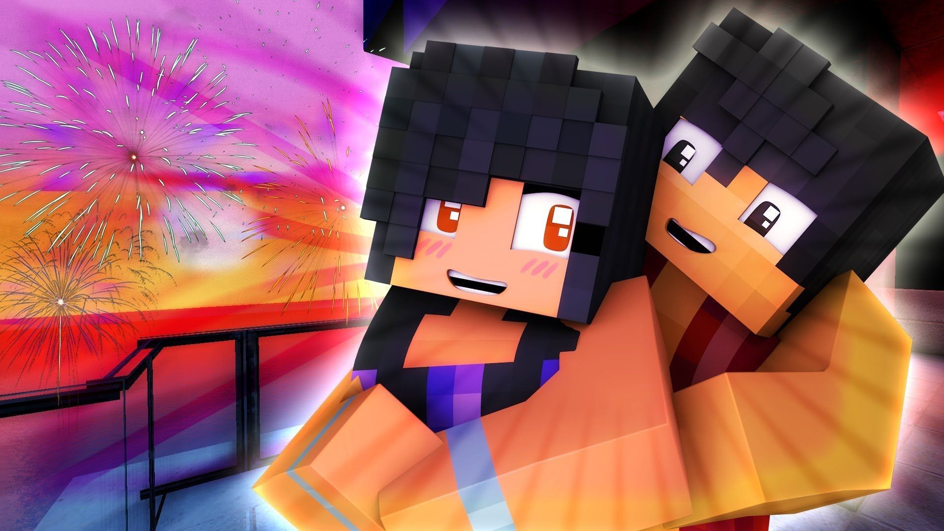 Aphmau and Aaron hug in front of fireworks in a Minecraft animation