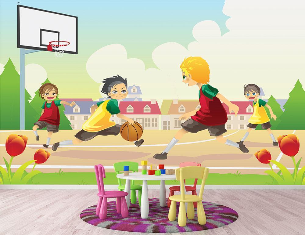 Kids Playing Basketball In The Suburban Area Wall Mural Wallpaper