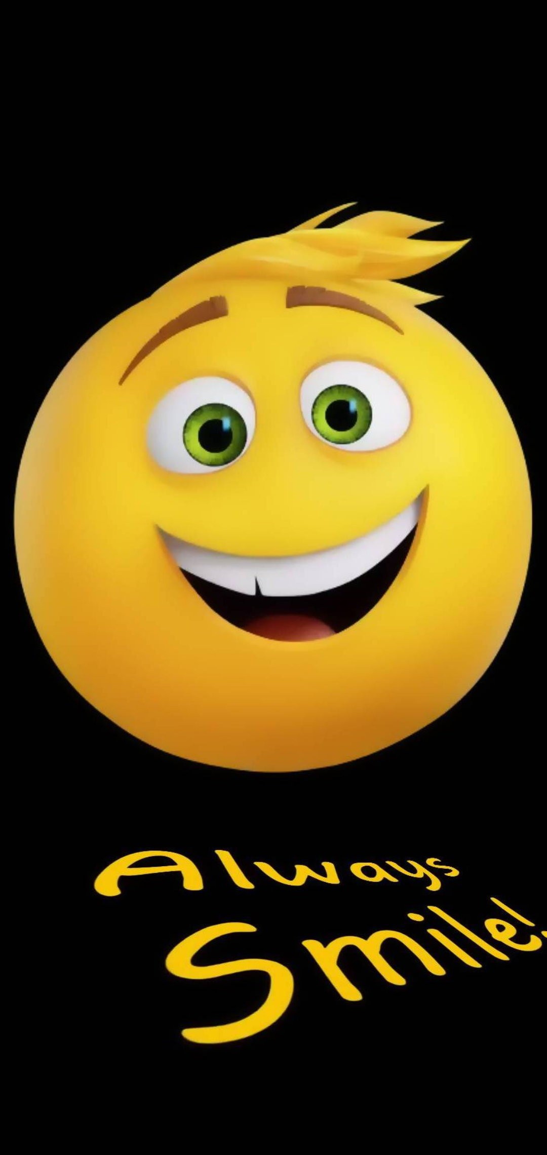 A cheerful, 3D emoji with a wide smile, set against a black background.  The words 'Always Smile' are written in yellow beneath the emoji