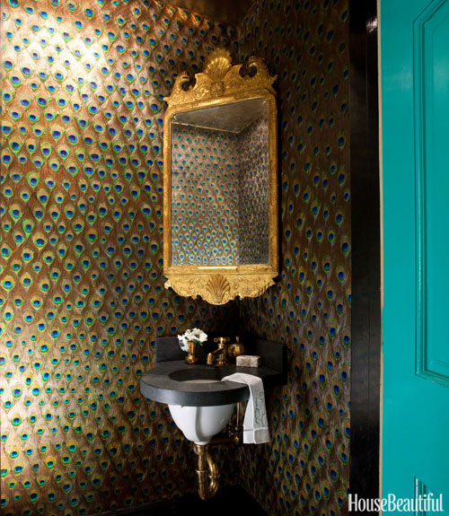 Peacock Feather Wallpaper Eclectic bathroom Benjamin Moore Gulf 500x575