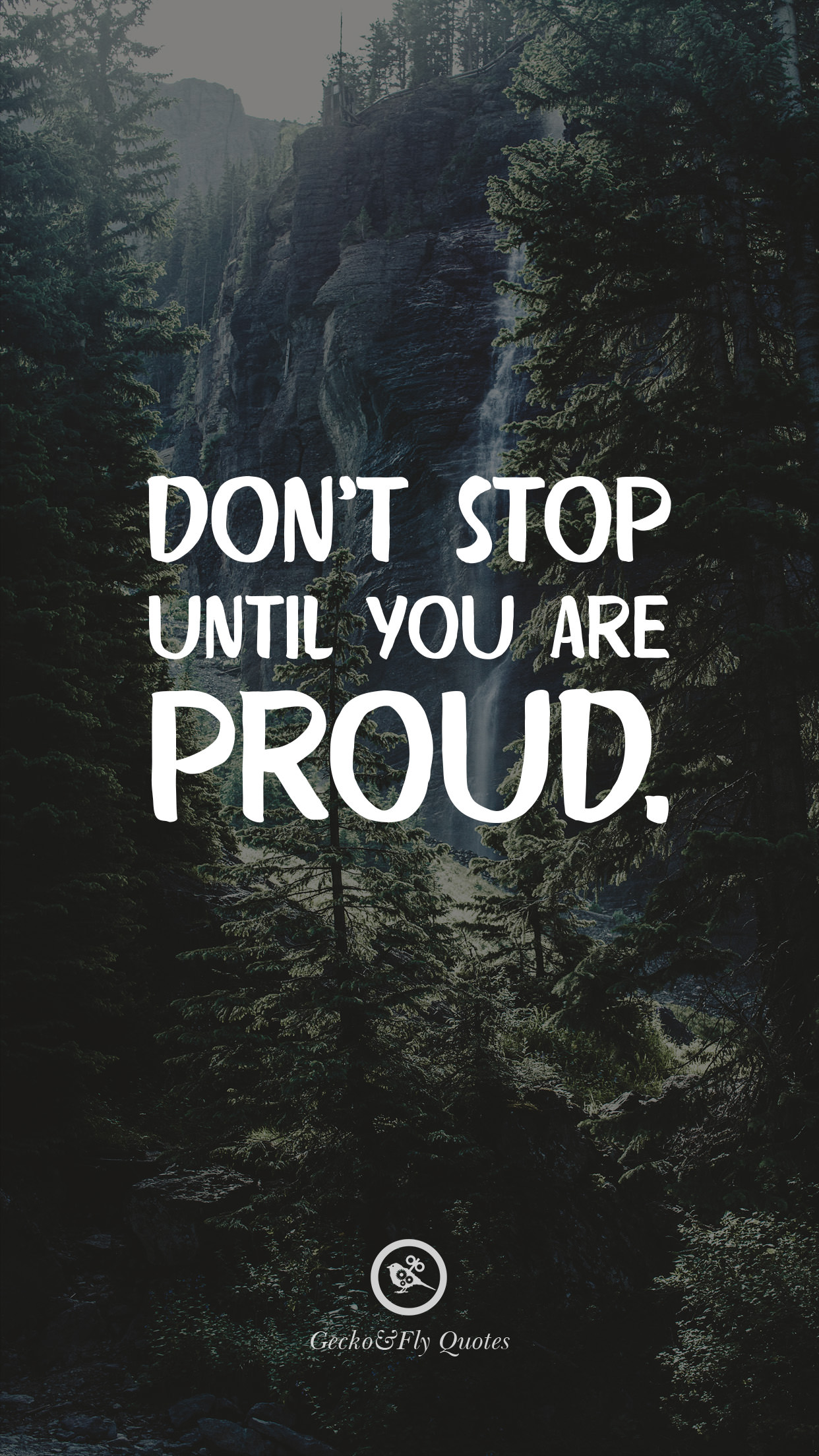 Motivational quote against a backdrop of a misty forest and waterfall. The quote reads: 