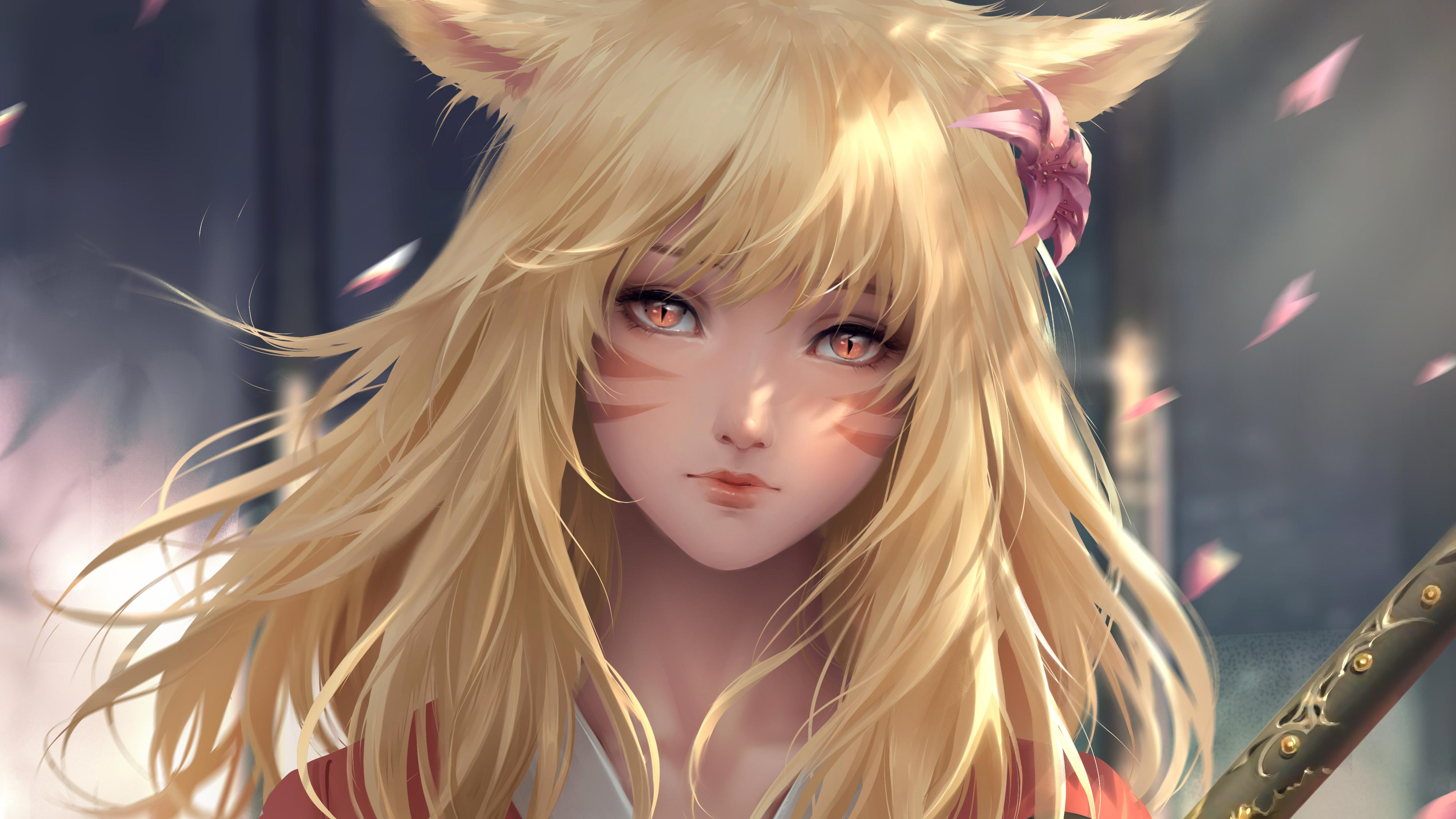 4K anime wallpaper featuring a blonde, fox-eared girl with orange markings on her face, wearing a red and white kimono, with a katana visible in the corner and petals falling around her