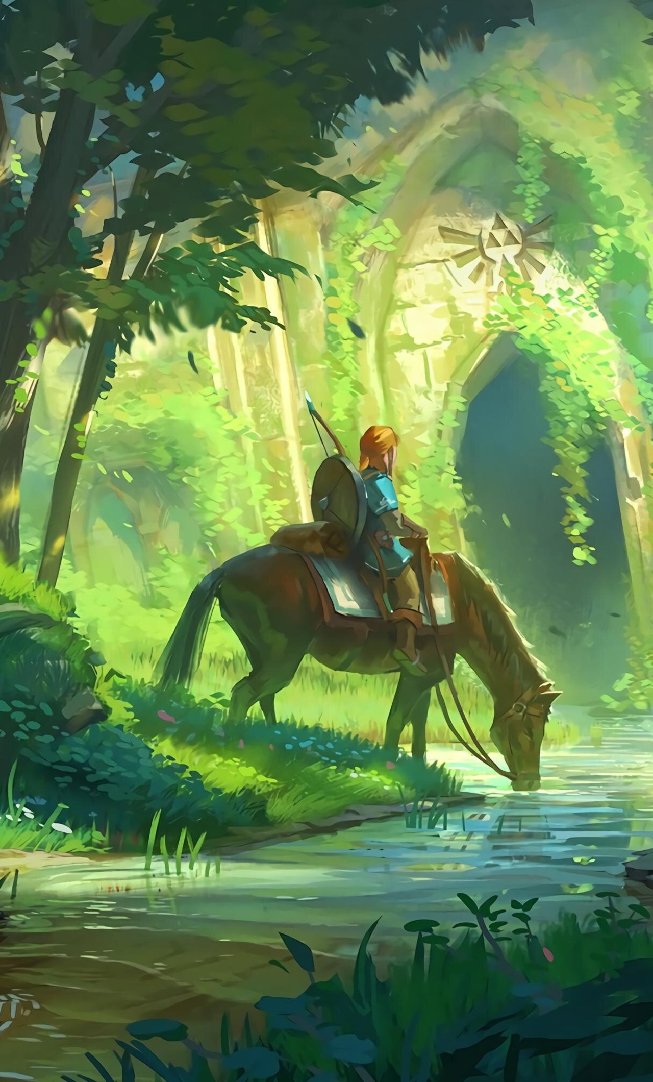 Link on horseback pauses by a stream in front of a crumbling ruin marked with the Triforce symbol in a lush forest, from the Legend of Zelda video game series