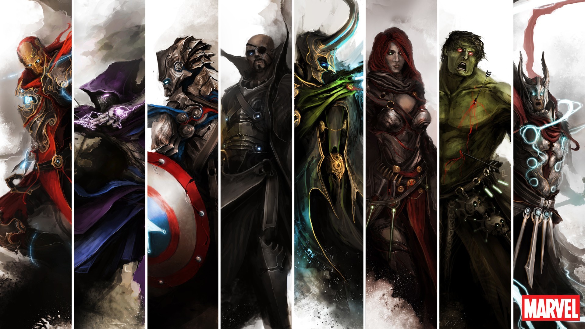 Fantasy reimagining of Marvel superheroes in a dark and stylized setting