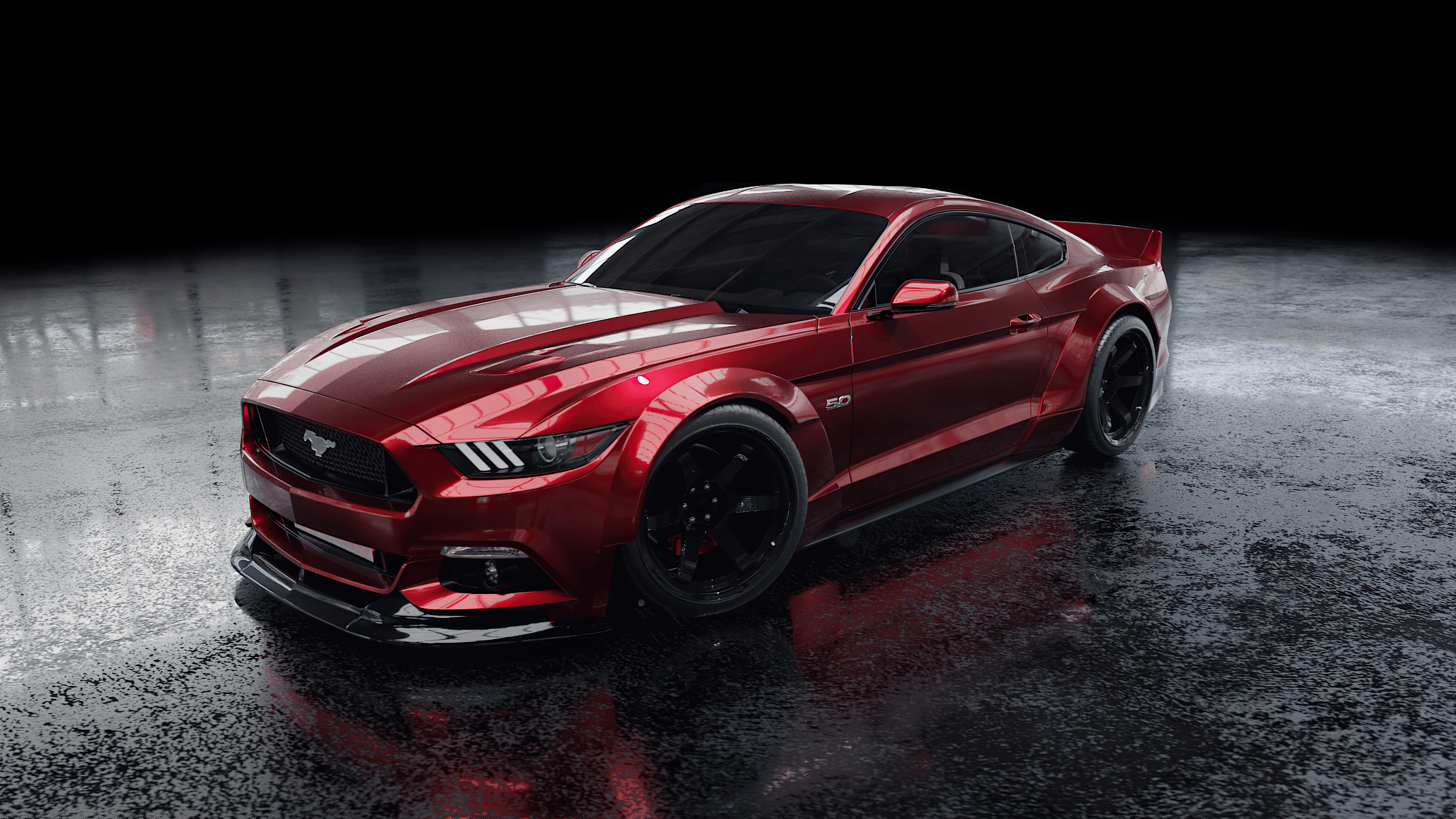 Sleek Red Ford Mustang on Wet Asphalt