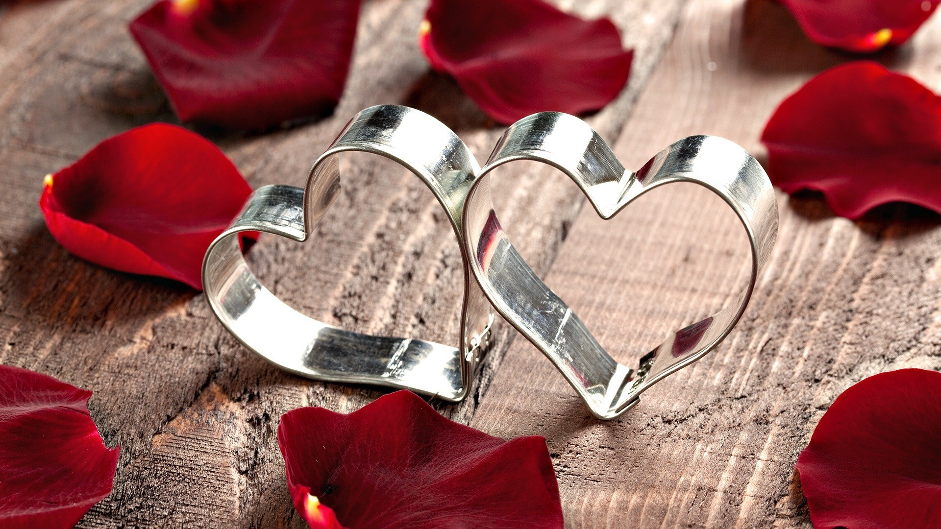 Two heart-shaped cookie cutters intertwined on a wooden surface strewn with dark red rose petals, symbolizing love and romance