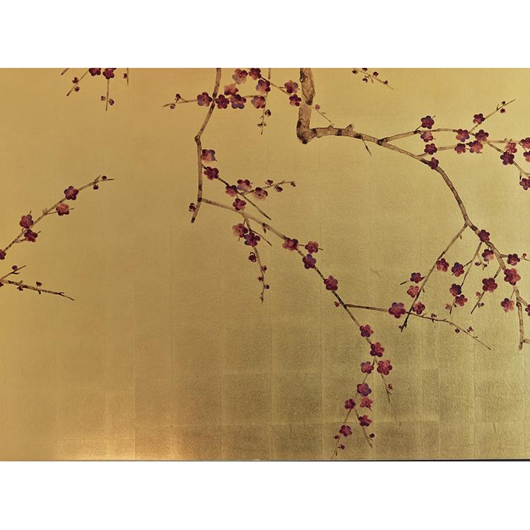 Hand Painted Plum Blossom Gold Gilded Paper Wallpaper For Hotels