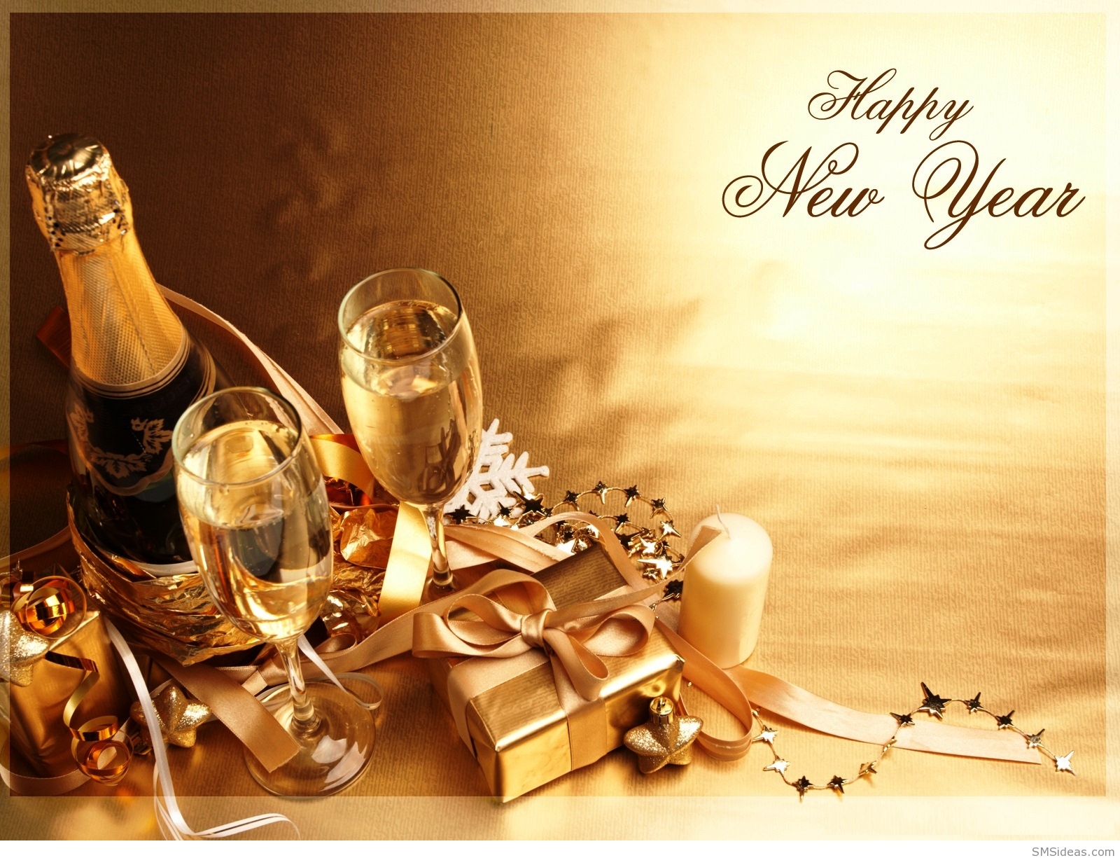 Golden New Year's Eve celebration with champagne, gifts, and decorations