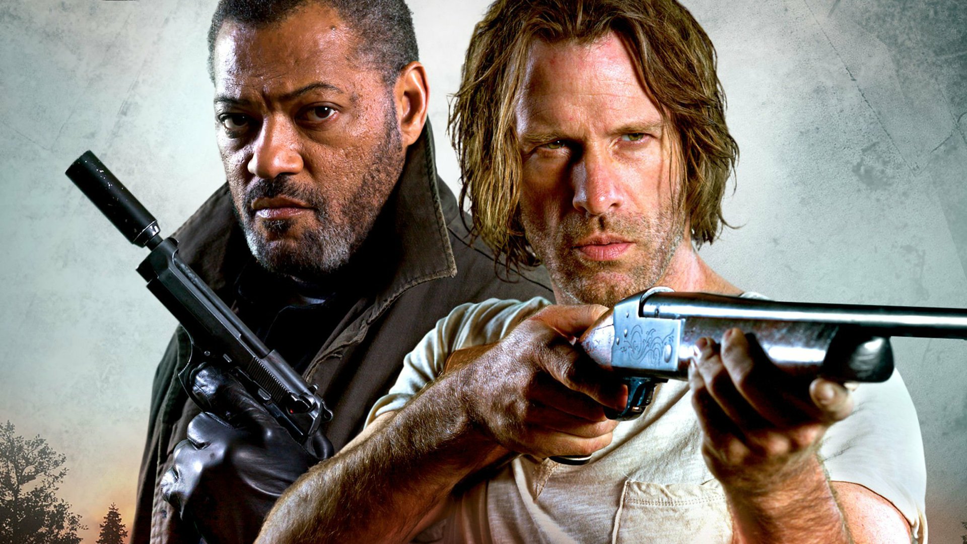 Promotional image for the film 'Standoff', featuring Laurence Fishburne and Thomas Jane holding firearms