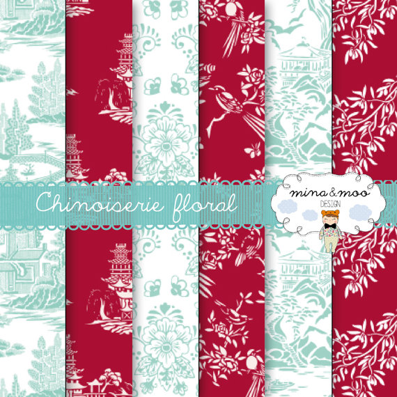 Floral   Red and Duck egg digital papers Chinoiserie wallpaper