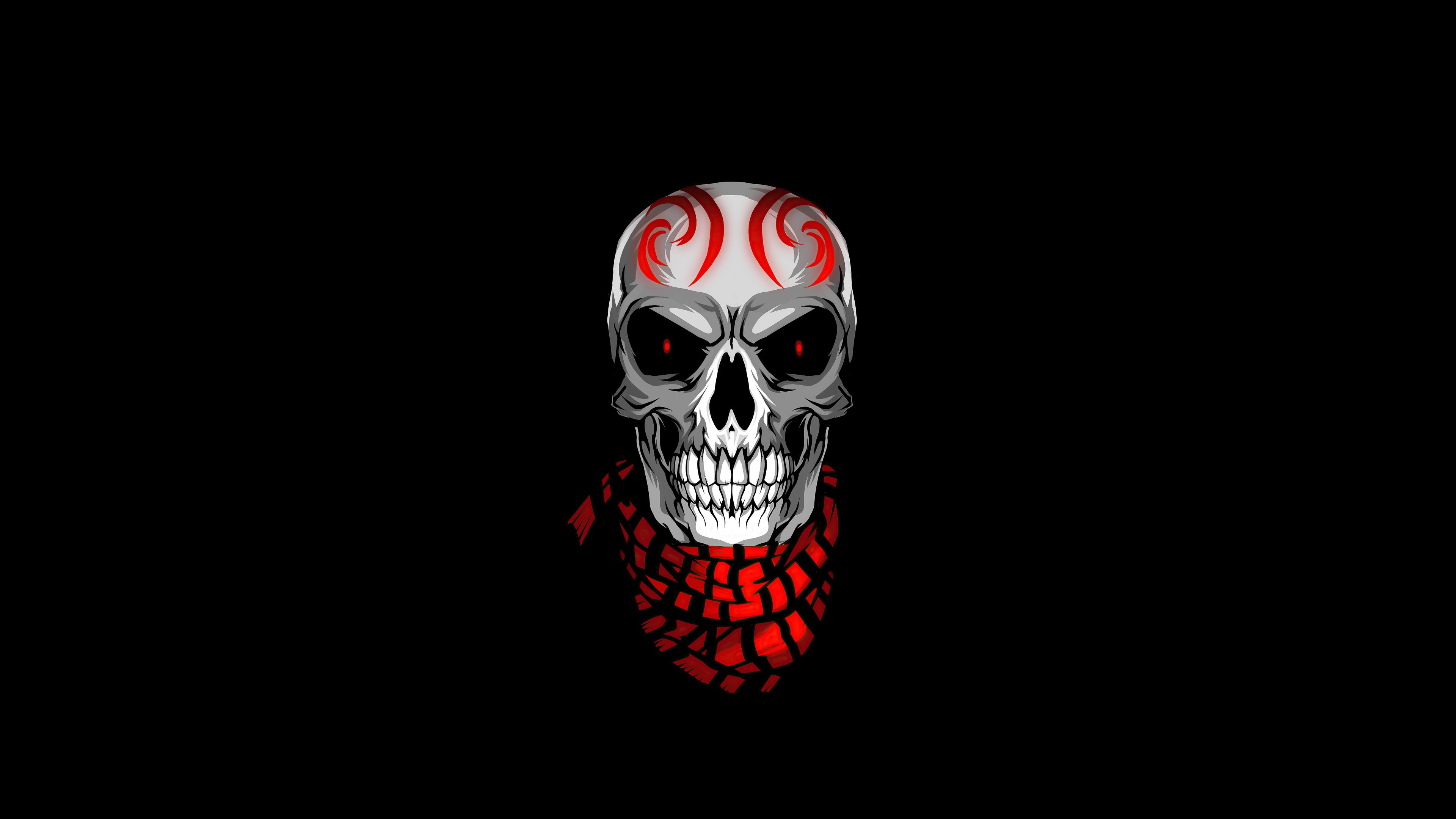 A menacing skull with glowing red eyes and a red bandana against a black background