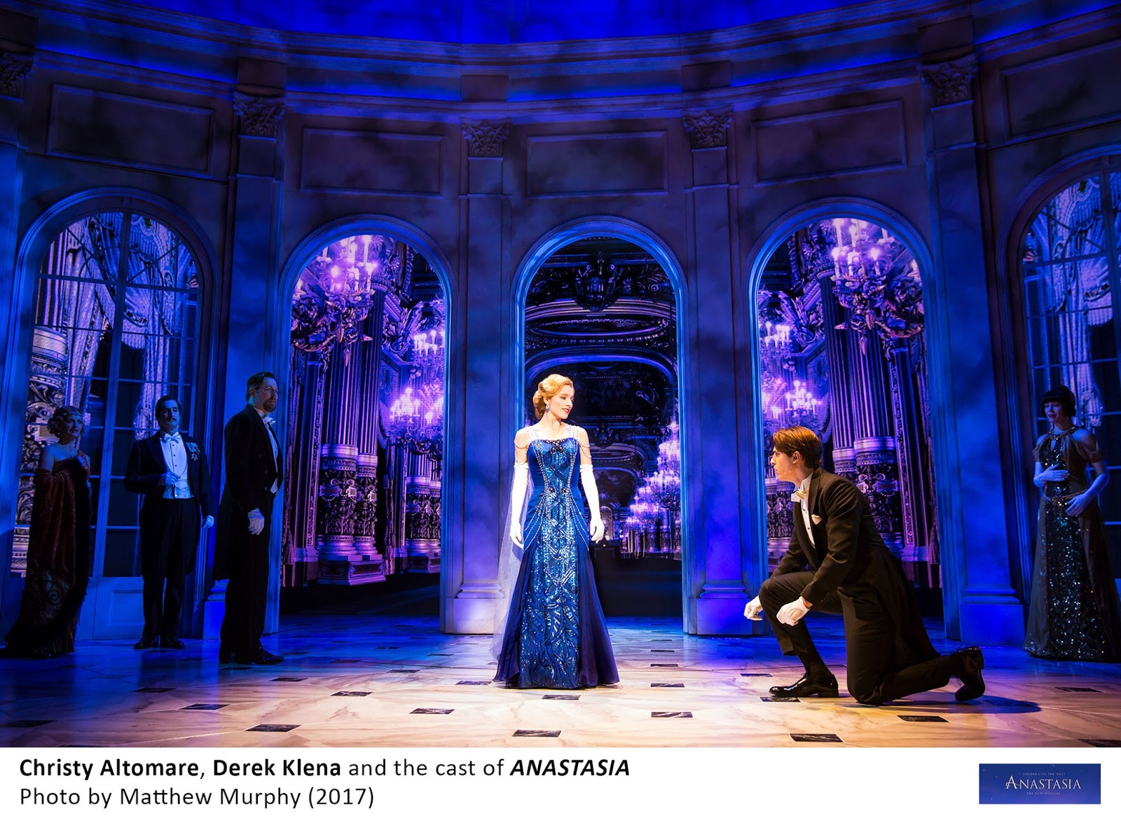 A scene from the Broadway musical Anastasia, featuring Christy Altomare and Derek Klena in a ballroom setting