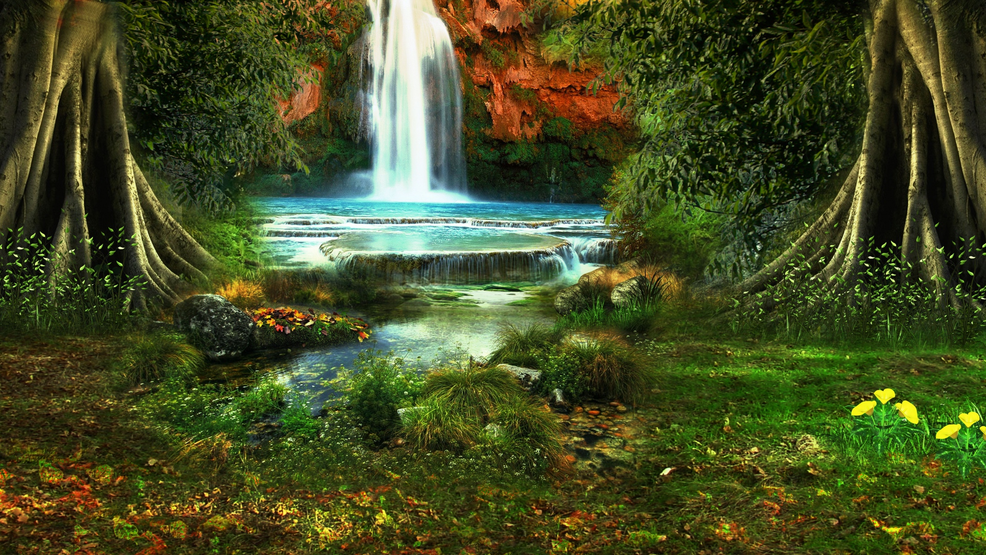 Waterfall Trees Vegetation Nature Landscape Full HD 1080p