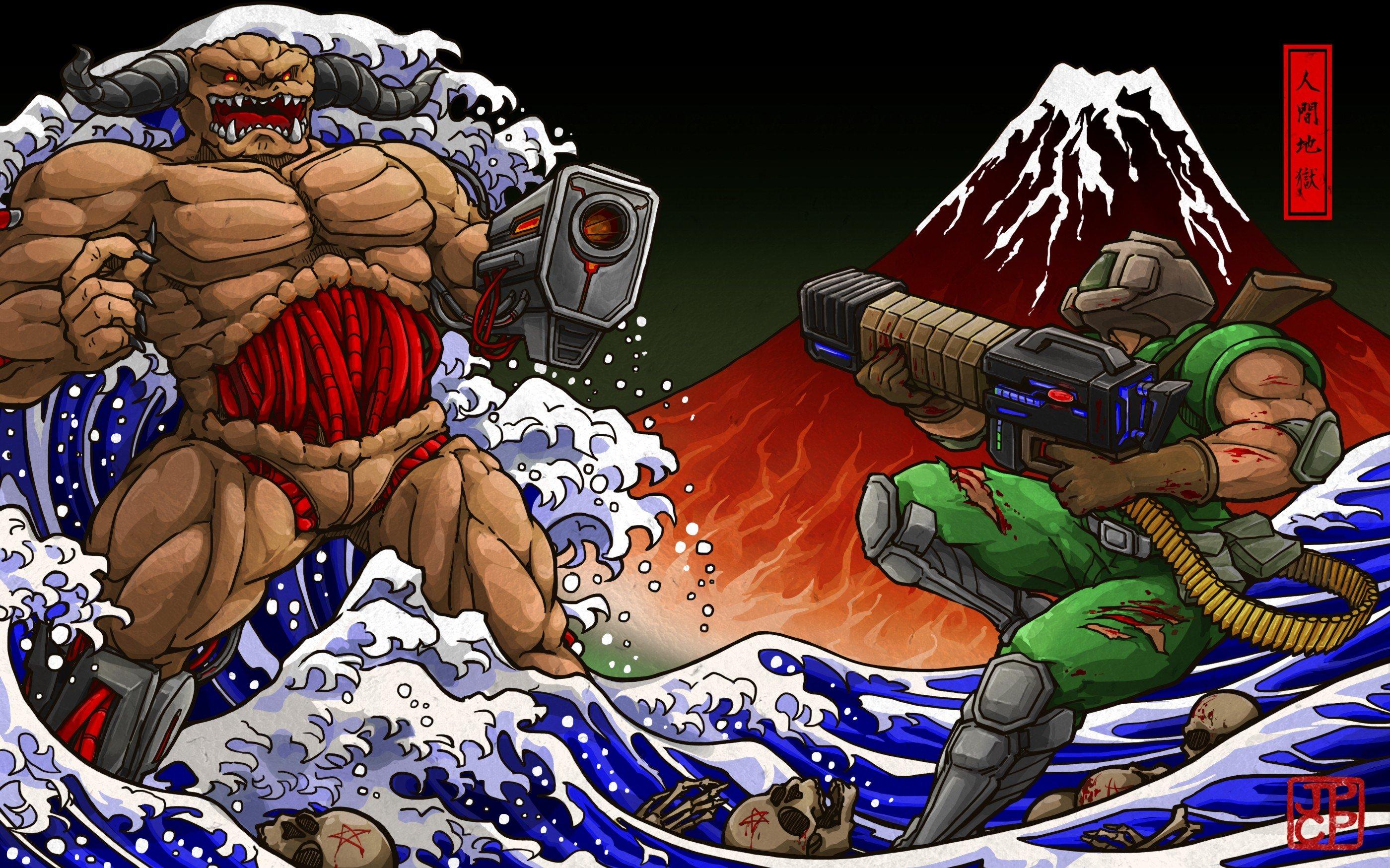 Doom Game Shotgun The Great Wave Off Kanagawa HD Wallpaper