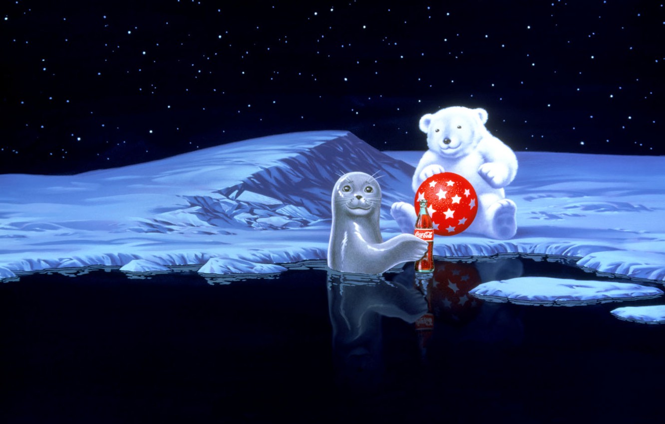 Wallpaper Water Stars Snow Red The Ball Seal Bear Coca Cola
