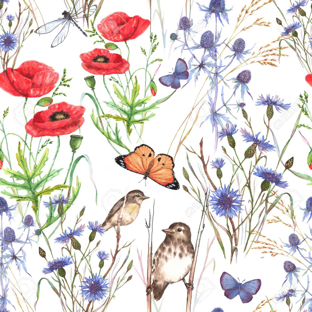 Hand Drawn Watercolor Floral Seamless Pattern Summer Meadow
