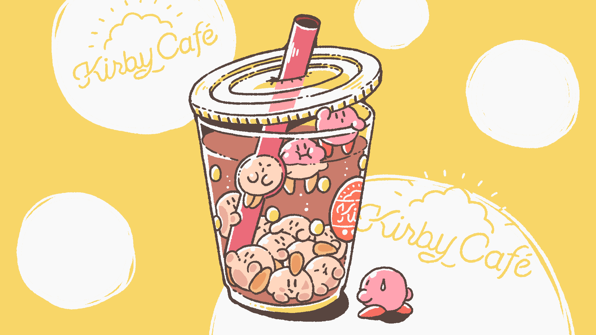 A whimsical illustration of a Kirby-themed boba drink. A clear plastic cup is filled with a brown liquid and several small, round, pink Kirby characters. Some Kirbys float near the top, while others cluster at the bottom. A pink and white striped straw protrudes from the partially opened lid. A single, slightly larger Kirby stands outside the cup, looking up at it. The background is pale yellow with large, off-white circles. The words 