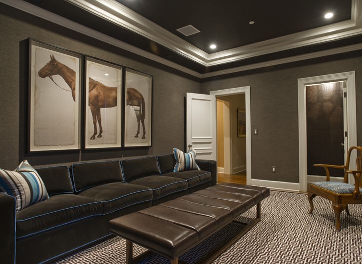 Amazing Basement Family Room With Taupe Grasscloth Wallpaper White