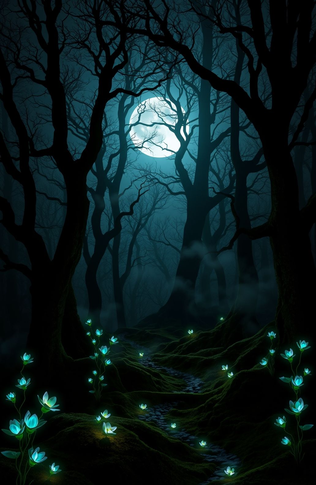 Dark Forest With Moon Wallpaper
