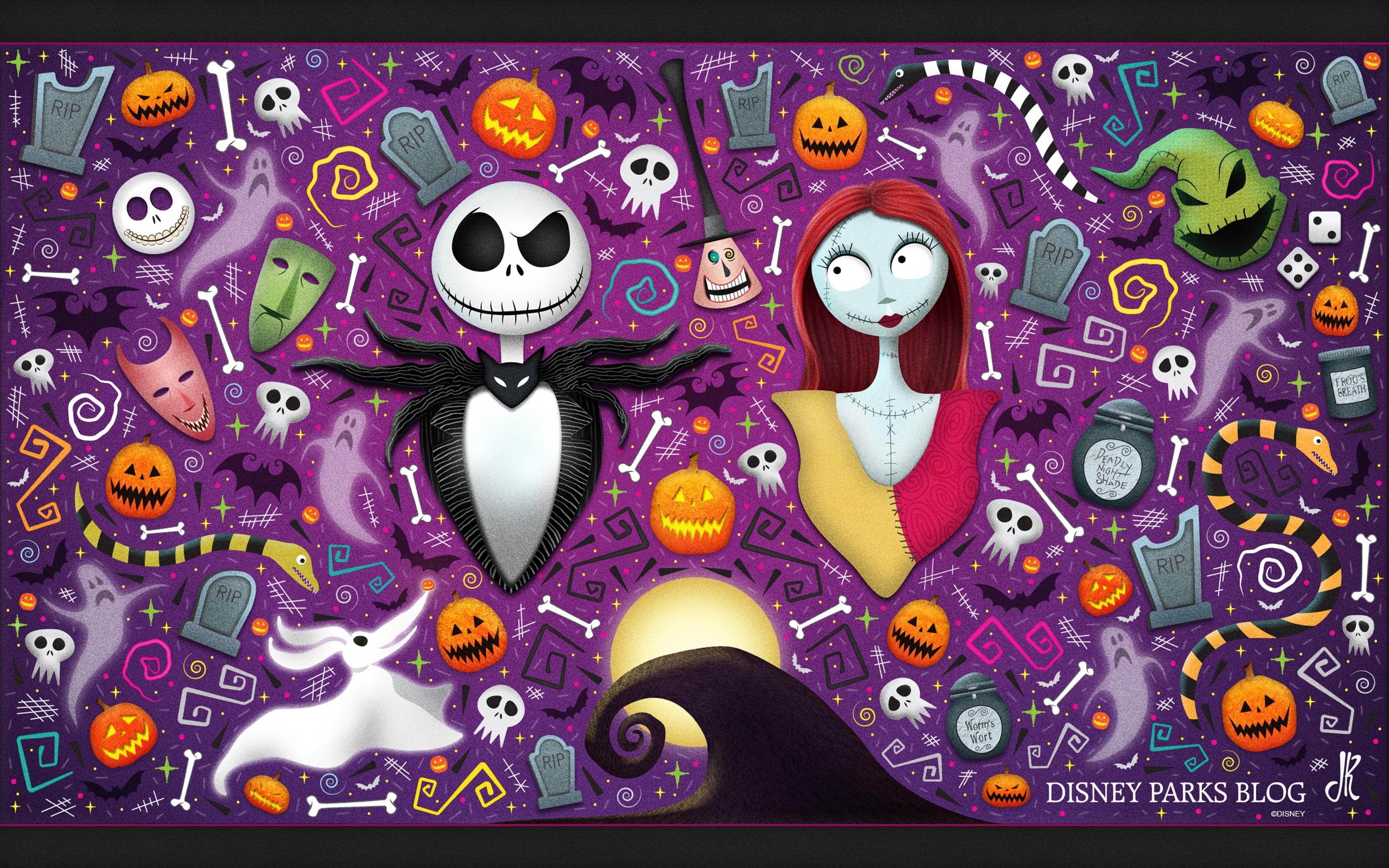 A whimsical, Halloween-themed wallpaper featuring Jack Skellington and Sally from 'The Nightmare Before Christmas', surrounded by spooky and festive Disney Halloween elements