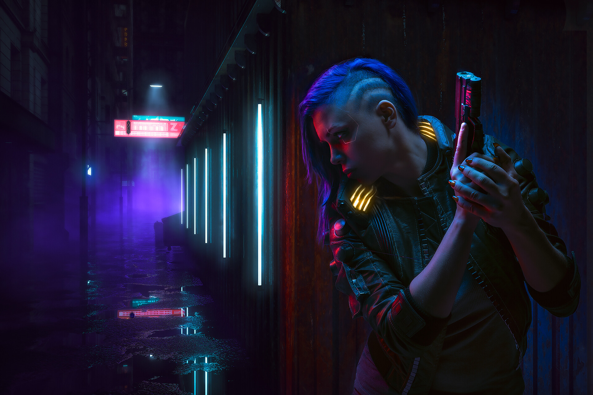 A cyberpunk woman with a shaved head and blue hair stands in a dark, neon-lit alley, holding a gun