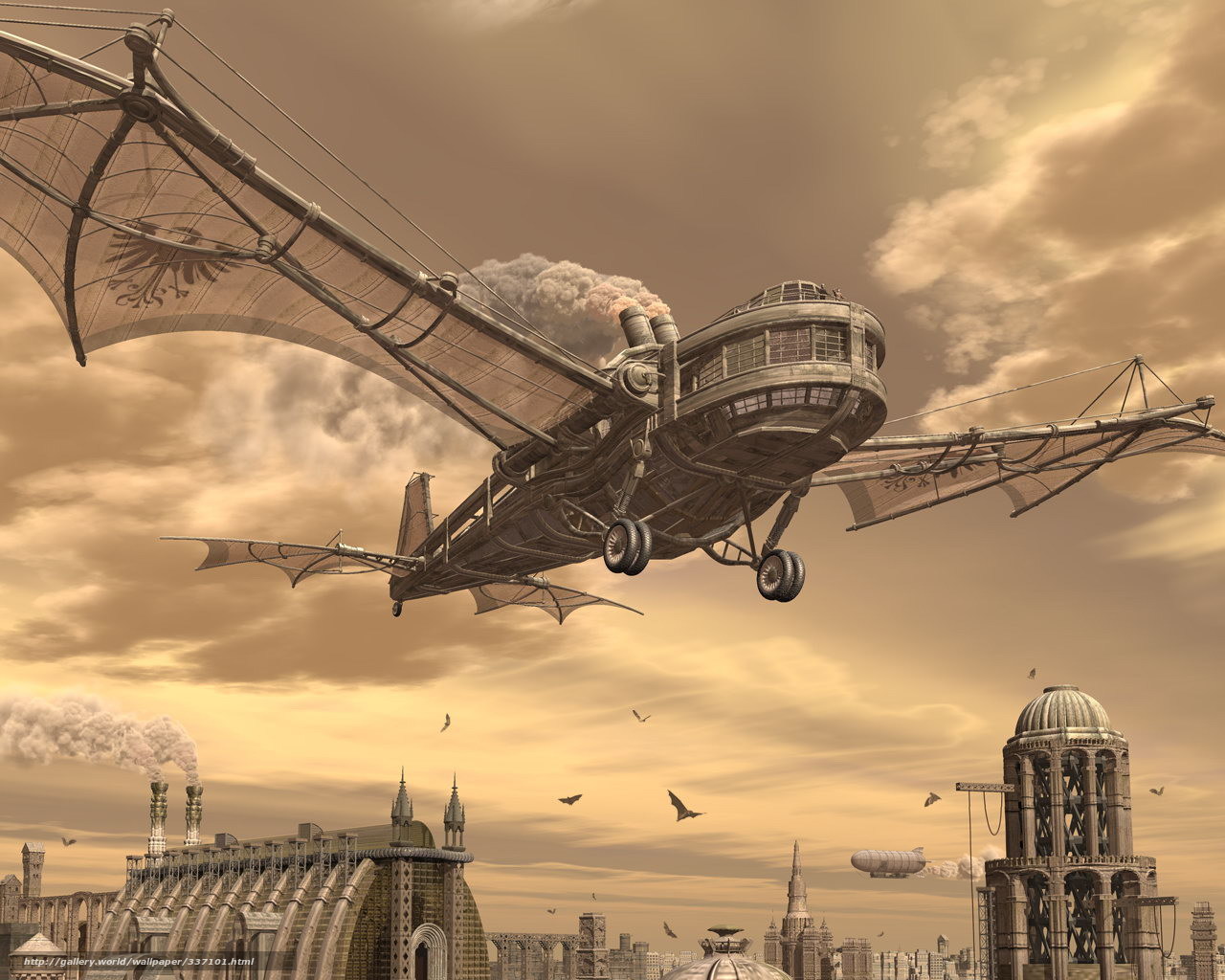 Wallpaper Steampunk City Wings Sky Desktop