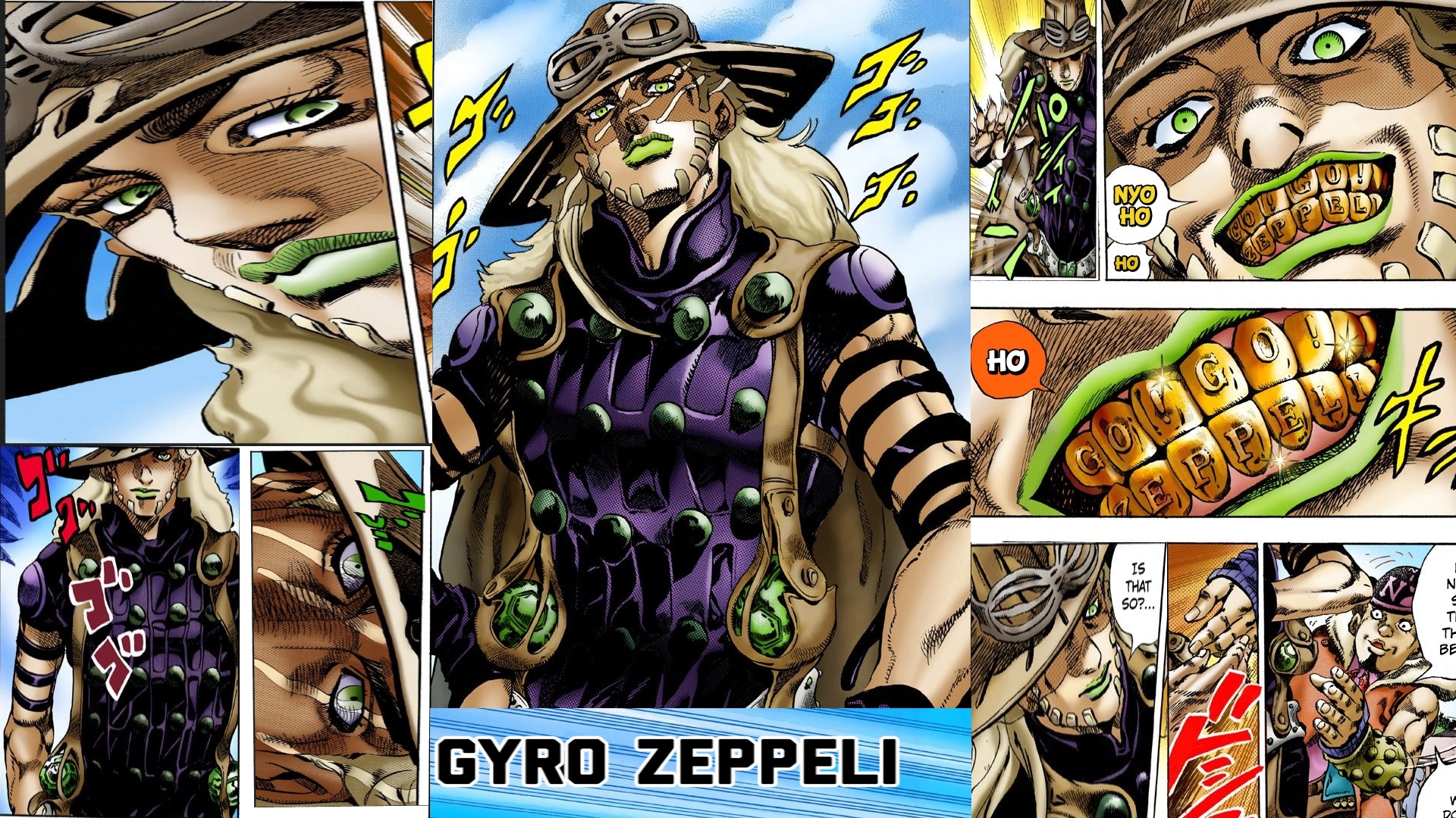 A collage of Gyro Zeppeli from JoJo's Bizarre Adventure, showcasing his unique design and quirky gold teeth